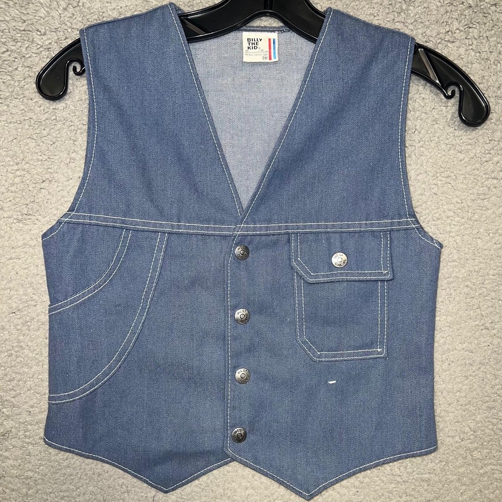 VTG Billy The Kid Vest Youth Size 14 Blue Denim Western Snap Sleeveless V Neck